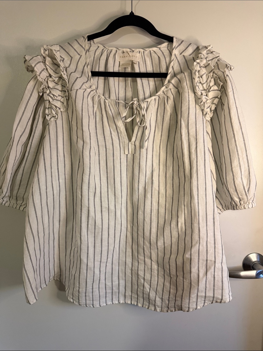 Caballero Women’s Casual Whimsy Striped Ruffle Shoulder Peasant Top -Sz 2X